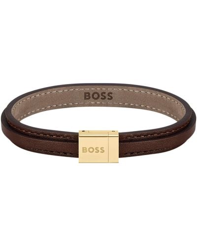 BOSS Brown-leather Layered Cuff With Branded Closure
