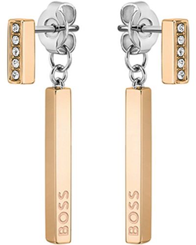 BOSS Goldfarbene Balken-Ohrringe mit Kristallen und Logos - Mettallic