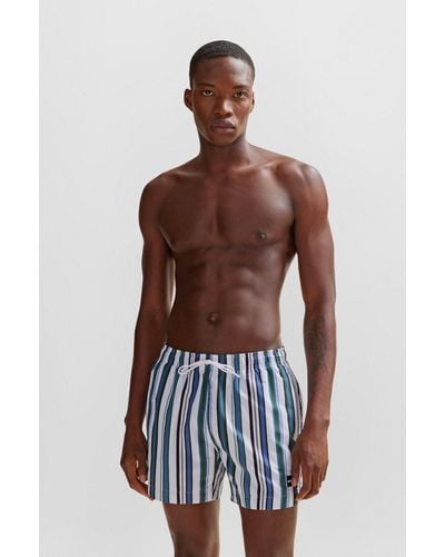 BOSS Fully Lined Swim Shorts In Striped Quick-dry Fabric - Blue