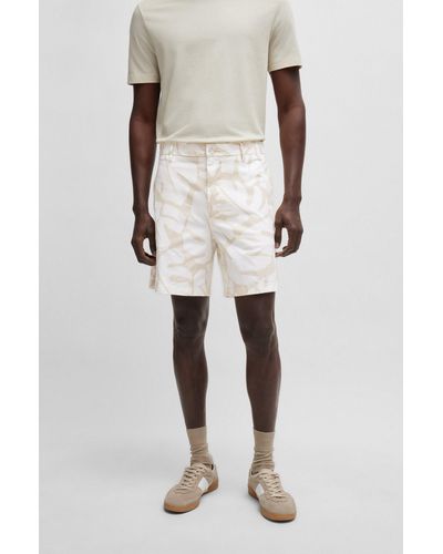 BOSS Regular-fit Shorts In Printed Stretch-cotton Twill - White