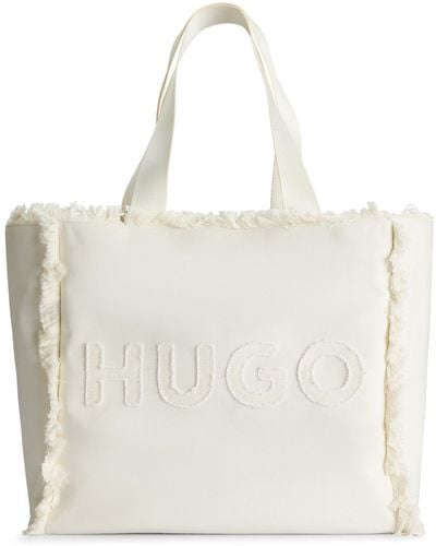 HUGO Logo Tote Bag With Fringe Detailing - Natural