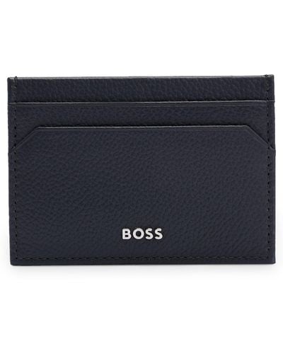 BOSS Grained-leather Card Holder With Logo Lettering - Blue