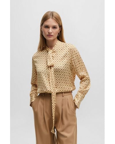 BOSS Relaxed-fit Blouse In A Monogram-print Silk Blend - Natural