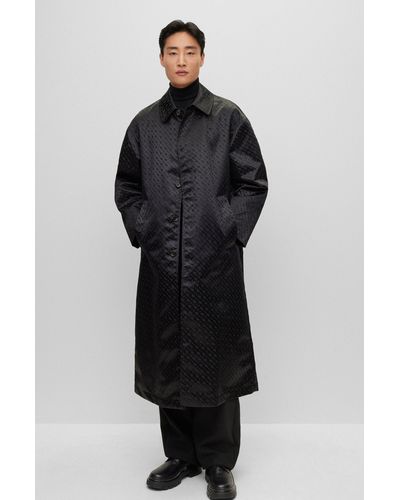 BOSS Coated-jacquard Coat With Concealed Placket And Cotton Lining - Black