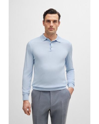 BOSS Regular-fit Polo Jumper In Wool, Silk And Cashmere - Blue