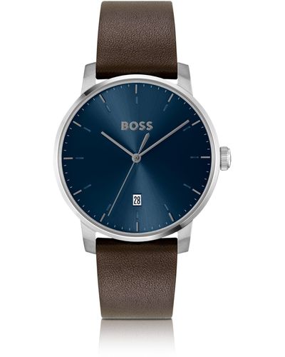 BOSS Leather-strap Watch With Blue Dial