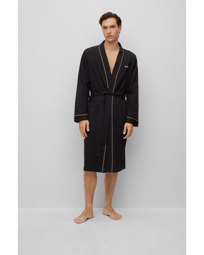BOSS by HUGO BOSS Cotton-jersey Dressing Gown With Piping And Logo - Black