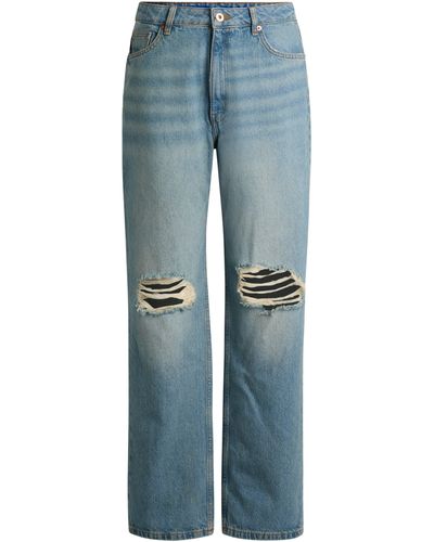 HUGO Straight-fit Jeans Met Gescheurde Knieën Van Aquablauw Denim