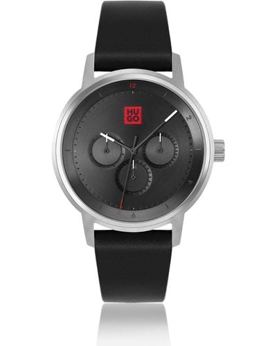 HUGO Leather-strap Watch With Stacked Logos - Black