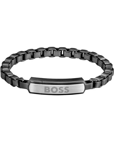 BOSS Black-steel Box-chain Cuff With Branded Closure - Multicolour