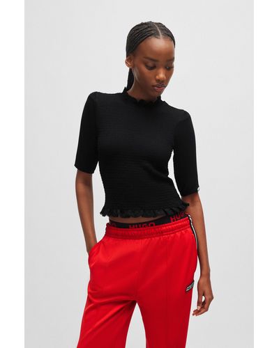 HUGO Ruffle-trim Top In Stretch Fabric With Logo Detail - Red
