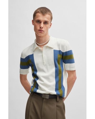 HUGO Short-sleeved Polo Sweater In Cotton With Block Stripes - Gray