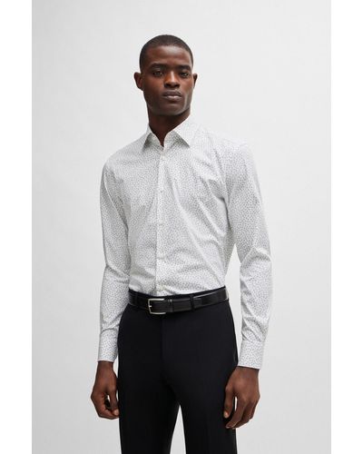 BOSS Slim-fit Shirt In Printed Stretch-cotton Poplin - White