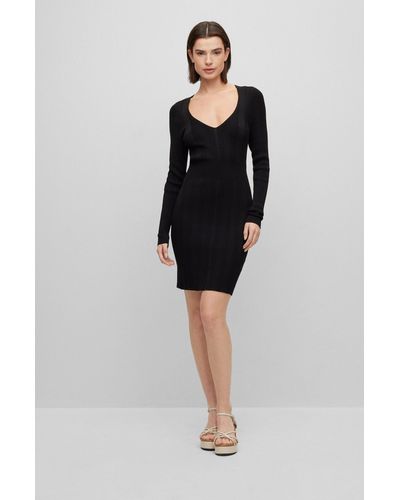 BOSS Slim-fit Long-sleeved Dress With V Neckline - Black