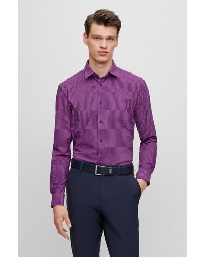 BOSS Slim-fit Shirt In Geometric-printed Performance-stretch Fabric - Purple