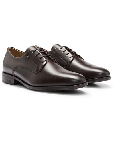 BOSS Leather Derby Shoes With Signature Trims - Brown