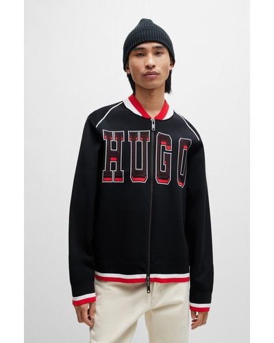 HUGO Relaxed-fit Bomber Jacket With Sporty Logo - Black