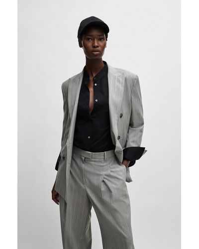 BOSS Naomi X Oversized-fit Jacket In Pinstripe Virgin Wool - Gray