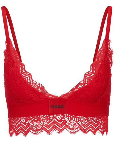 HUGO Padded Triangle Bra In Geometric Lace With Logo Label - Red
