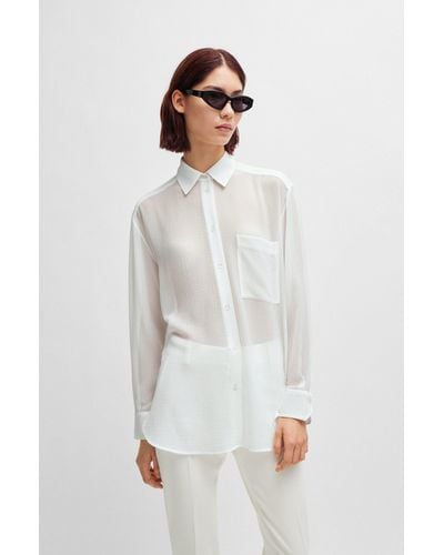 HUGO Oversize-fit Blouse In Soft Seersucker With Point Collar - White