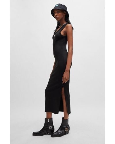 HUGO Long-length Dress In Stretch Jersey With Stacked Logo - Black
