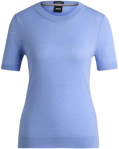 BOSS Kurzarm-Pullover aus nachhaltiger gewonnener Schurwolle - Blau