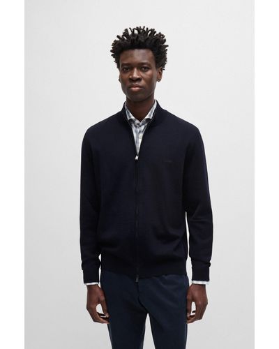 BOSS Virgin-wool Regular-fit Cardigan With Embroidered Logo - Blue