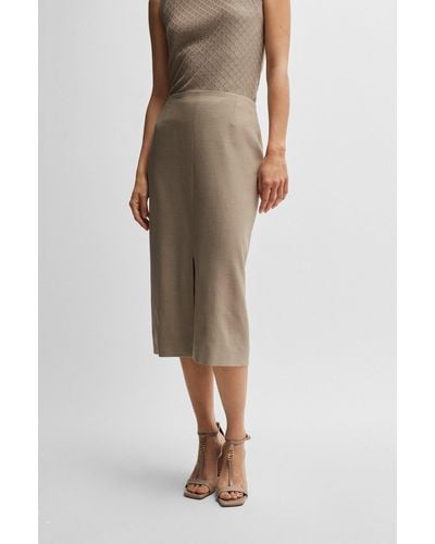 BOSS Pencil Skirt In Wool, Linen And Stretch - Natural