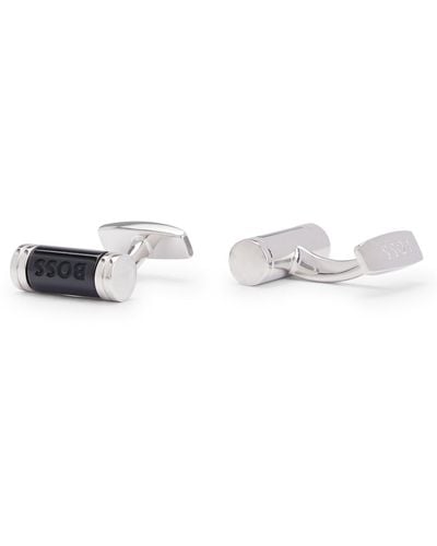 BOSS Cylindrical Cufflinks With Enamel Insert And Engraved Logo - White
