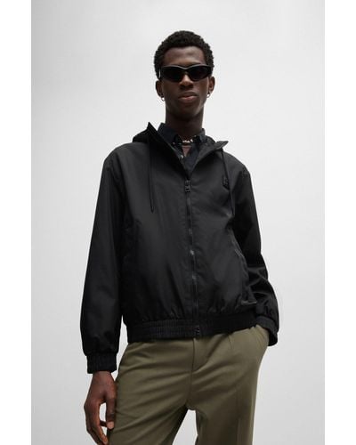 HUGO Water-repellent Hooded Jacket With Stacked-logo Trim - Black