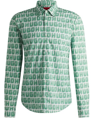 HUGO Slim-fit Overhemd Van Katoenen Popeline Met Stretch En Logoprint - Groen