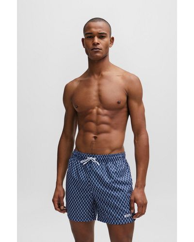 BOSS Micro-print Quick-drying Swim Shorts With Logo Detail - Blue