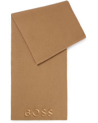 BOSS Ribbed Scarf In Virgin Wool With Tonal Embroidered Logo - Brown