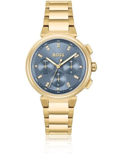 BOSS Gold-tone Watch With Crystal Hour Markers - Blue