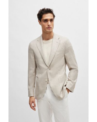 BOSS Slim-fit Jacket In Checked Wool, Linen And Silk - Natural