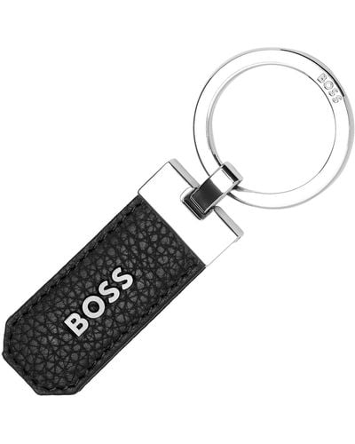 BOSS Logo Key Ring In Grained Leather And Brass - White