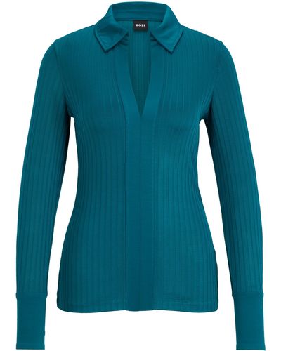 BOSS Geribde Blouse Met Lange Mouwen En Een Johnny-kraag - Blauw