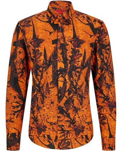 HUGO Slim-fit Shirt In Cotton With Seasonal Print - Orange