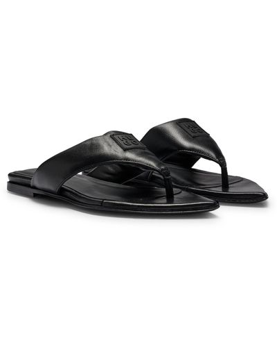 HUGO Leather Thong Sandals With Stacked Logo Trim - Black