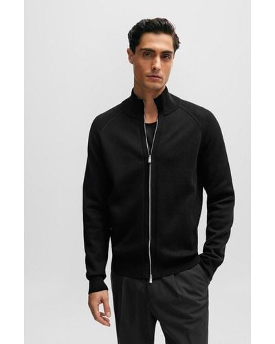 BOSS by HUGO BOSS Zip-up Cardigan In Cotton And Virgin Wool - Black