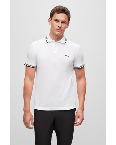 BOSS by HUGO BOSS Stretch-cotton Slim-fit Polo Shirt With Curved Logo - White