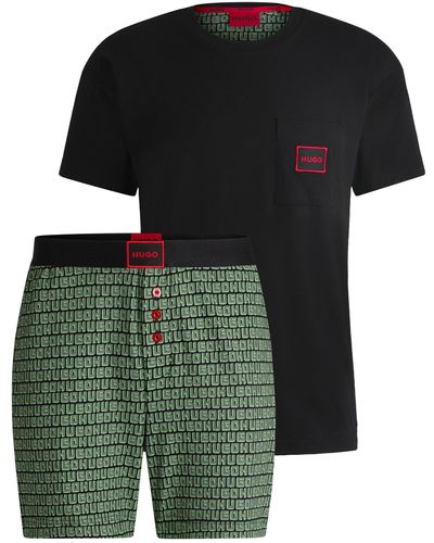 HUGO Short Pyjamas In Stretch Cotton With Logo Details - Green