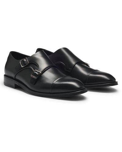 BOSS Cap-toe Double Monk Shoes In Leather - Black