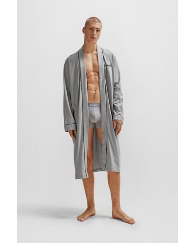 BOSS Cotton-jersey Dressing Gown With Logo And Piping - Grey