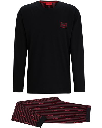 HUGO Relaxed-fit Pyjama Van Katoenen Jersey Met Logoprints - Zwart