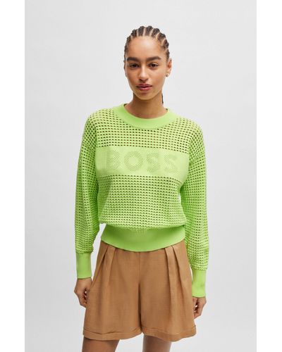 BOSS Open-knit Sweater With Logo Detail - Green