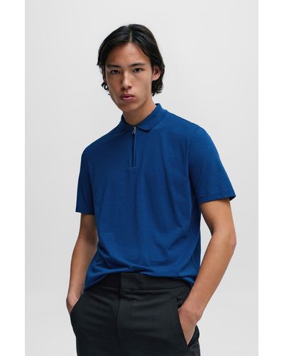 HUGO Cotton-blend Polo Shirt With Zip Placket - Blue