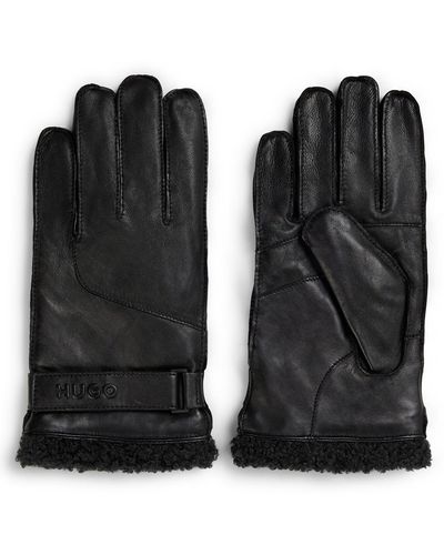 HUGO Leather Gloves With Shearling Cuff - Black