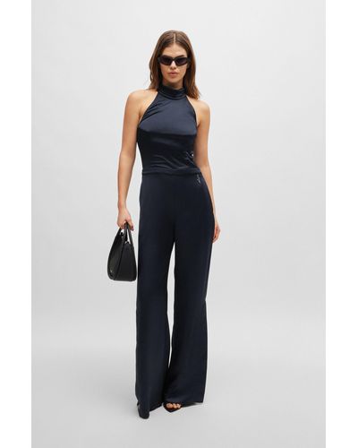 HUGO Tie-neck Jumpsuit In Satin - Blue