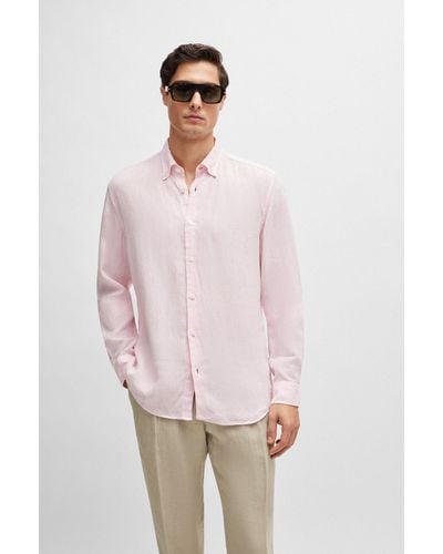 BOSS Regular-fit Linen Shirt With Button-down Collar - Pink